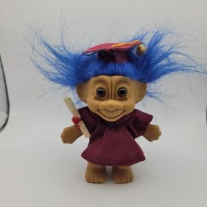 Vintage Russ Graduation Troll Doll with Blue Hair and Maroon Gown